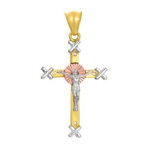 14K Tri Color Swirl Pattern CZ Crucifix Pendant