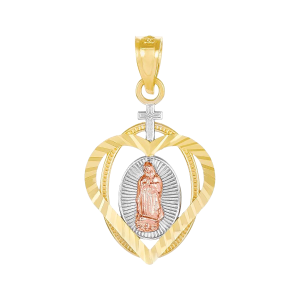 10k Two-Tone Gold Breakable Heart Te Amo Pendant - Guadalupe Virgin Mary Charm, Pink & Yellow Gold, Gift Boxed