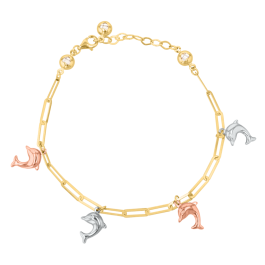 14K Tri Color Gold Open Link Dolphin Charm Bracelet | Don