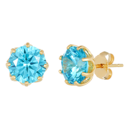 14K Yellow Gold Blue Zirconia Crown Basket Stud Earrings