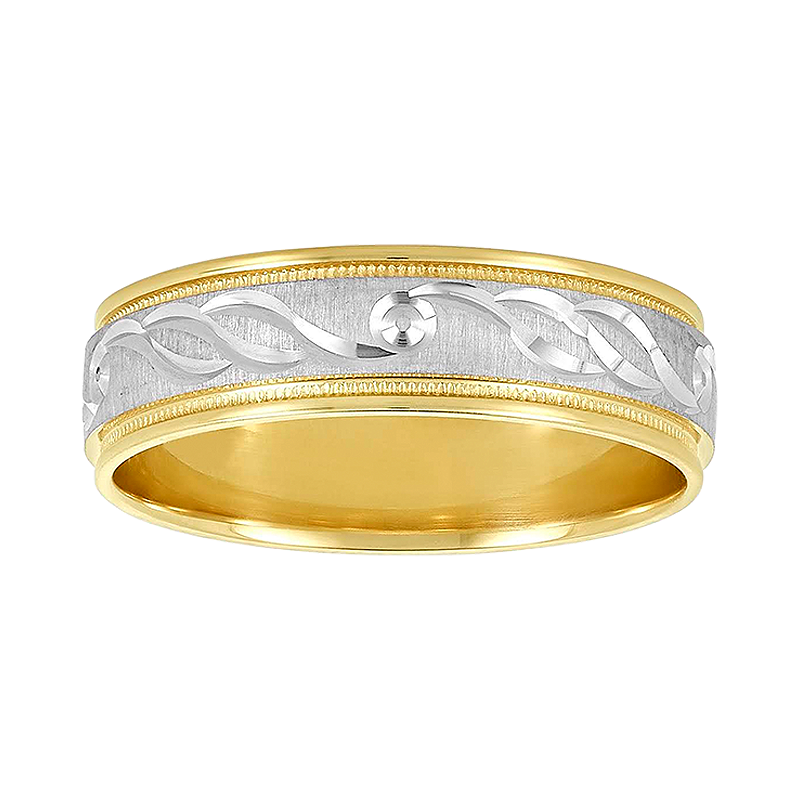 Men's Wedding Band 14K Gold Two-Tone Engraved Design