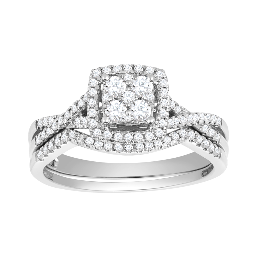 Wedding Set 14K White Gold Cushion Shaped Halo with Twist Design