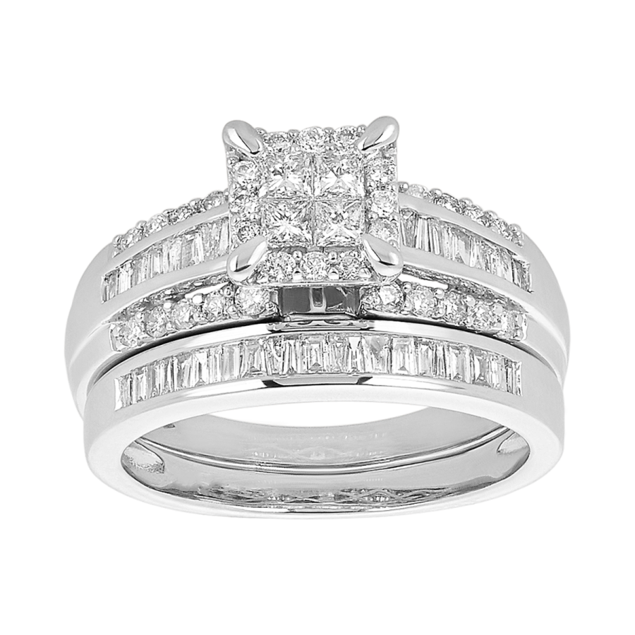 White Gold Princess Cut Diamond Ring With Baguettes Wedding Set