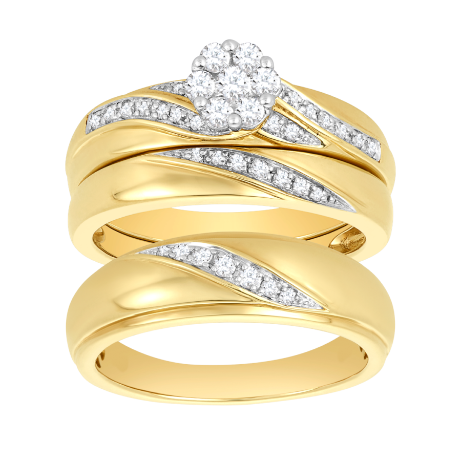 Wedding Trio 14K Two Tone Gold Flower Cluster