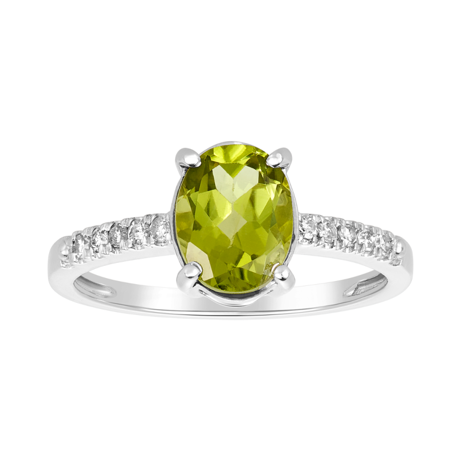 Women's Peridot Diamond Ring 14K White Gold Oval