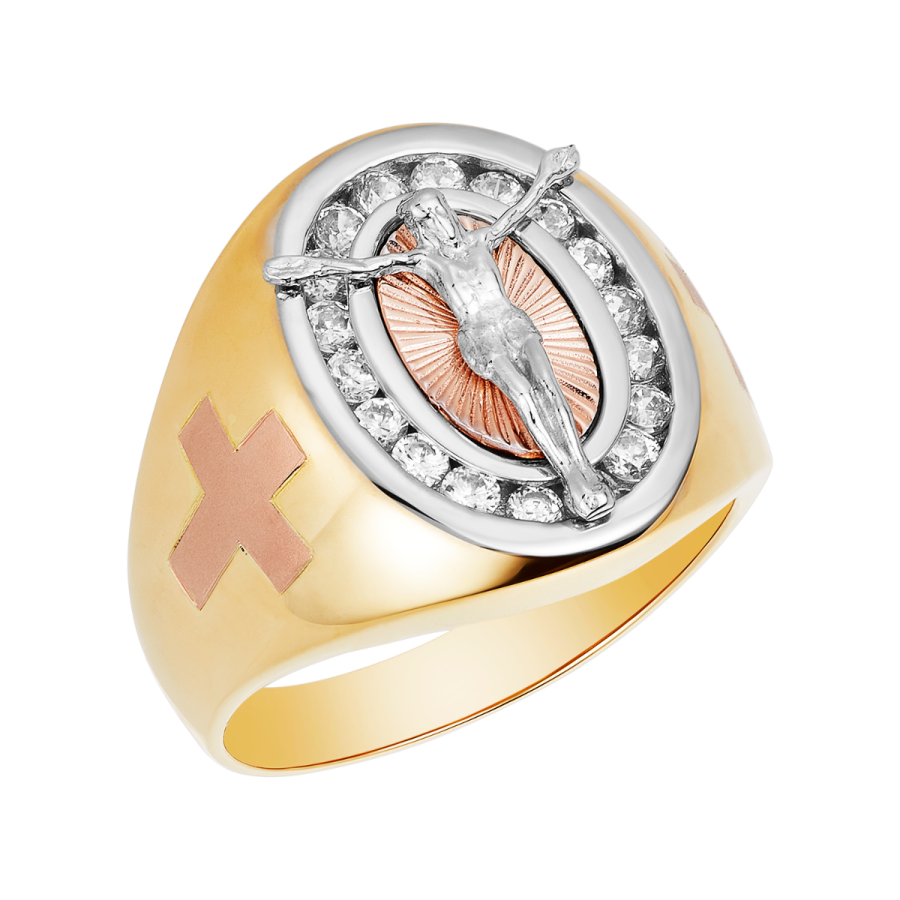 Men's Religious Ring 14K Gold Tri Color Jesus with Cubic Zirconia