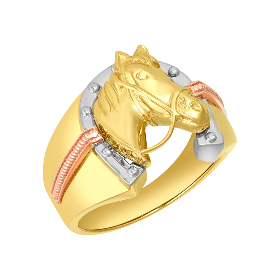 Men's Fashion Ring 14K Tri Color Gold Horse and Horseshoe