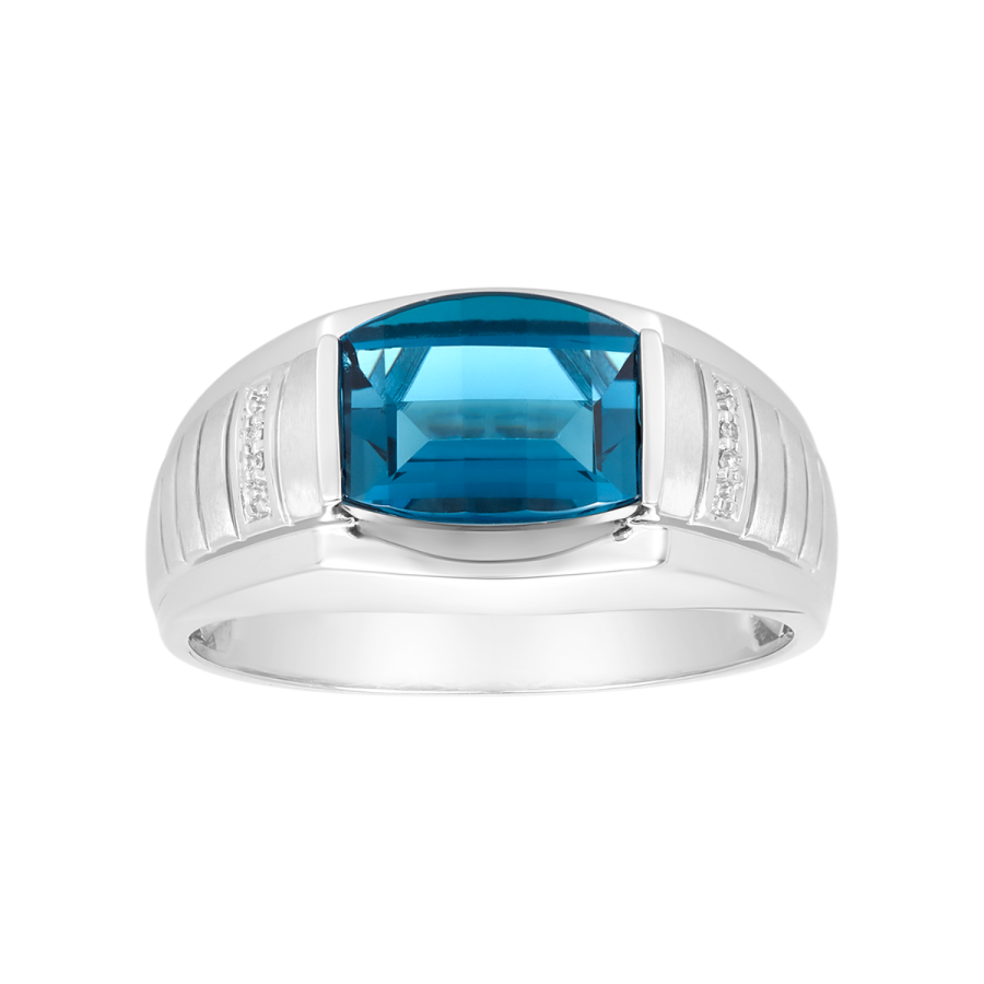 Men's Gemstone Ring 14K White Gold Barrel Cut London Blue Topaz