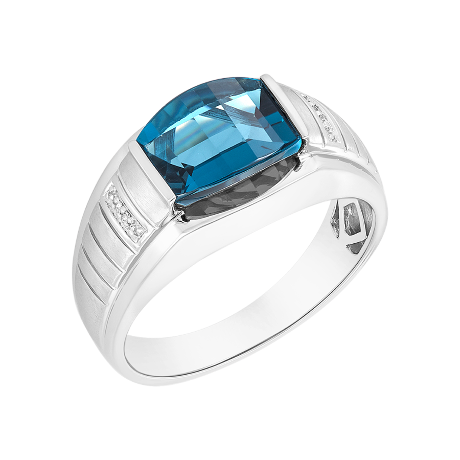 Men's Gemstone Ring 14K White Gold Barrel Cut London Blue Topaz