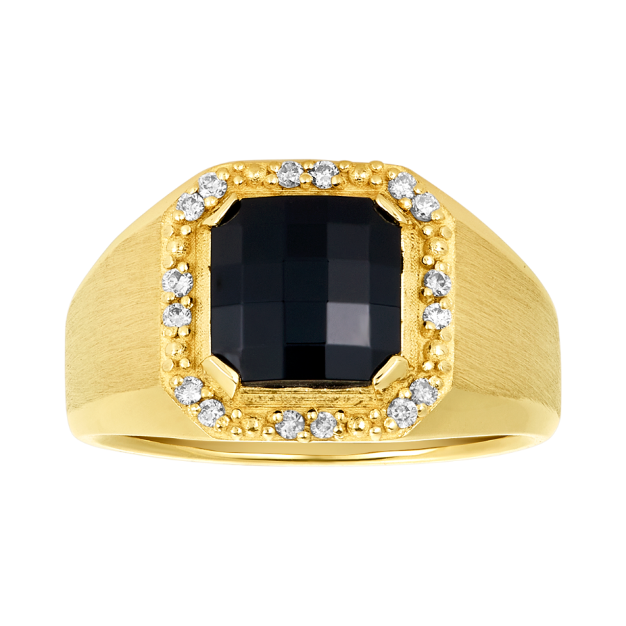 Men's Gemstone Ring 14K Yellow Gold Onyx Halo Diamond