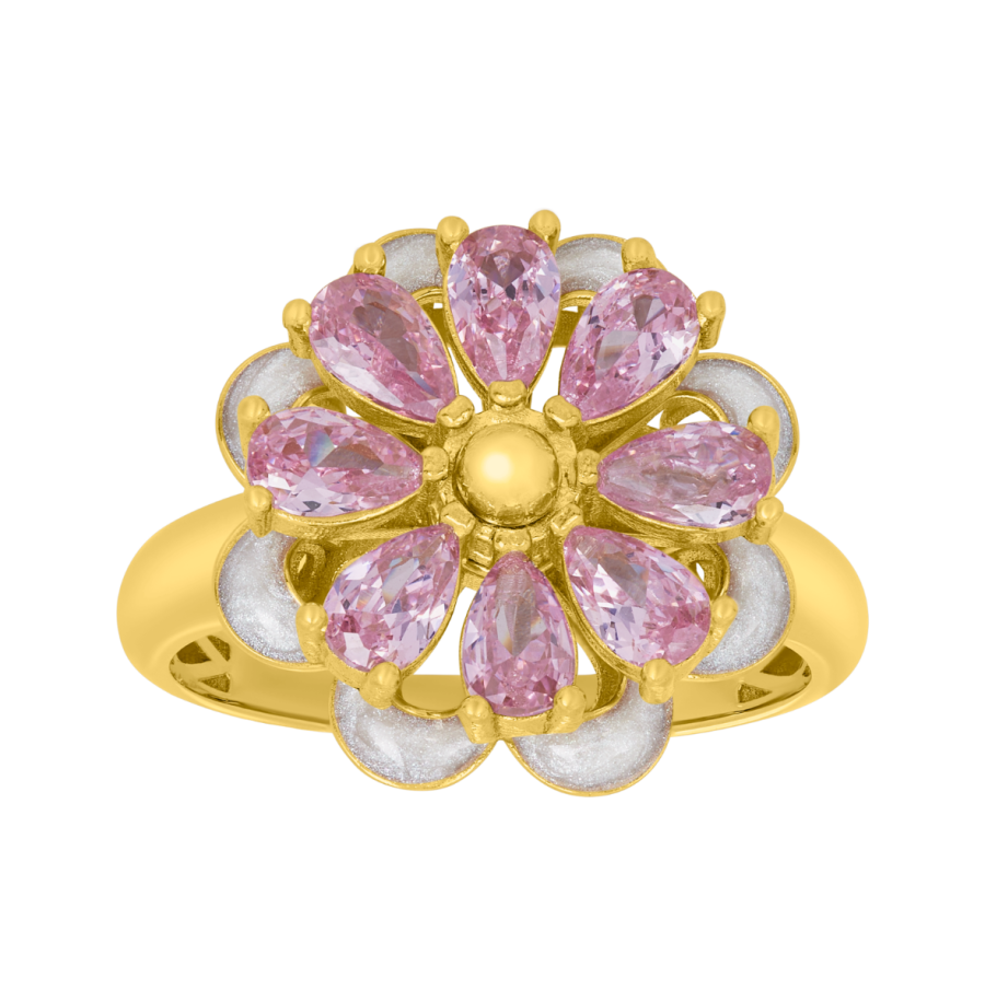 Women's Flower Ring 14K Yellow Gold Spinning Pink CZ Enamel