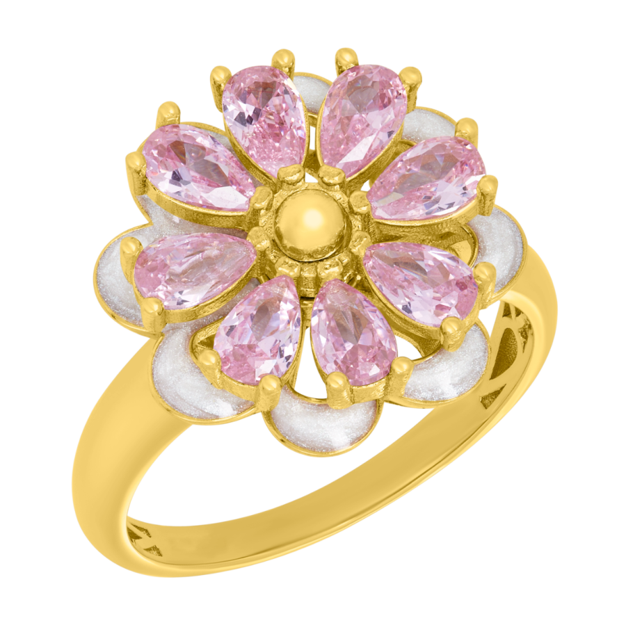 14K Yellow Gold Spinning Flower Pink CZ Enamel Ring