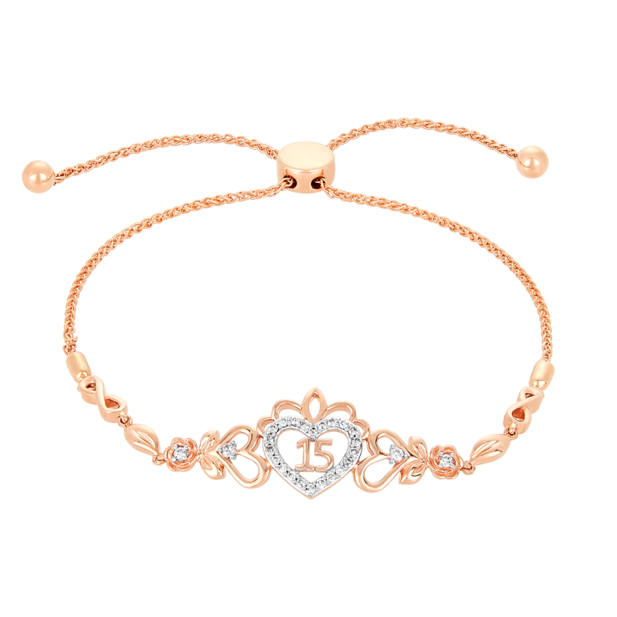 14K Rose Gold Crown Heart Quinceañera Diamond Bracelet