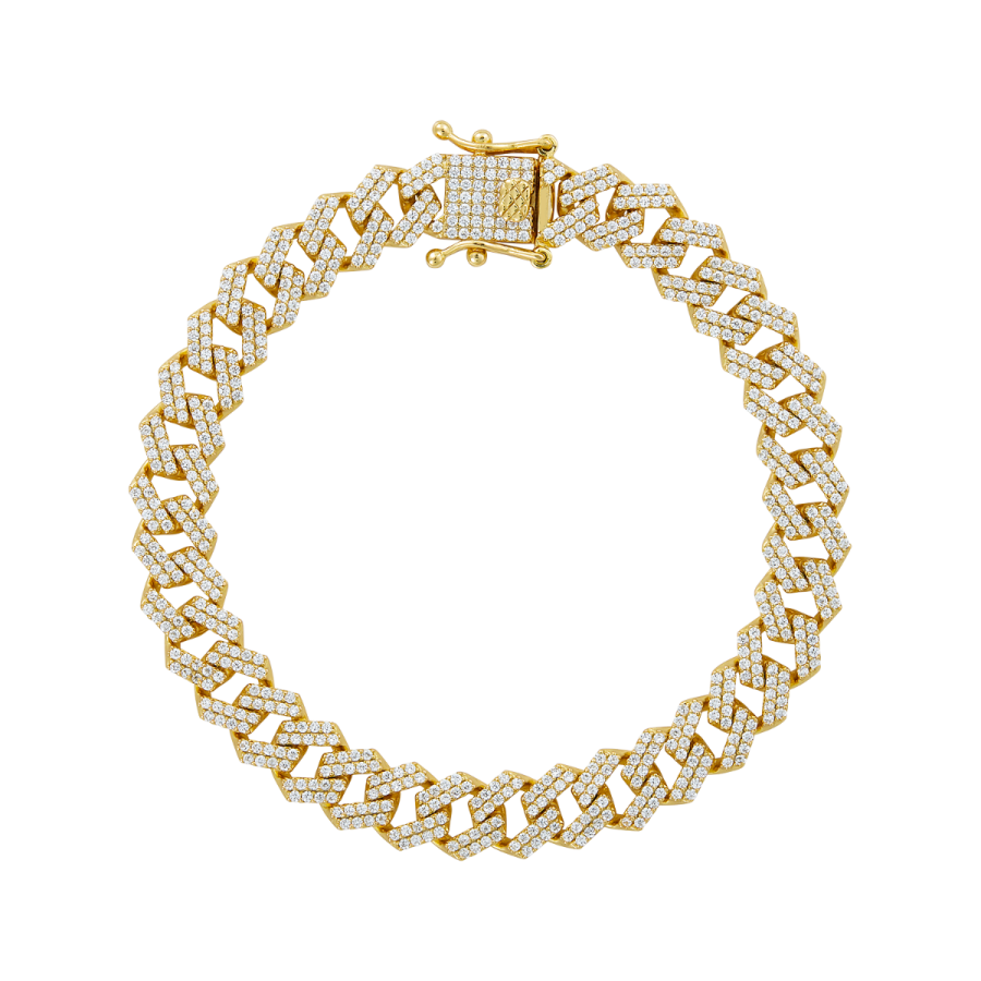 Yellow Plated Silver Cuban Cubic Zirconia Men's Bracelet
