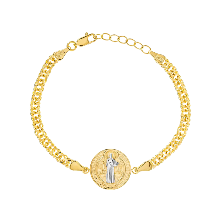 14K Two Tone Gold Double-Sided Saint Benedict Curb Bracelet