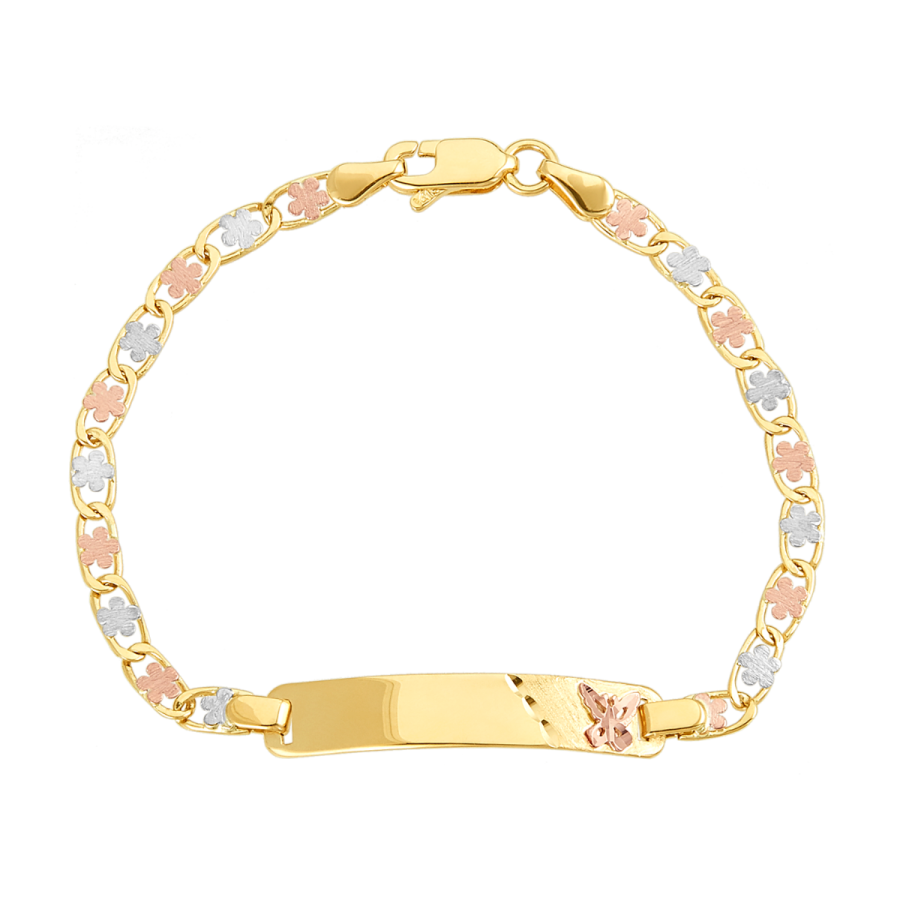 14K Tri Color Flower Link with Butterfly Charm Baby ID Bracelet