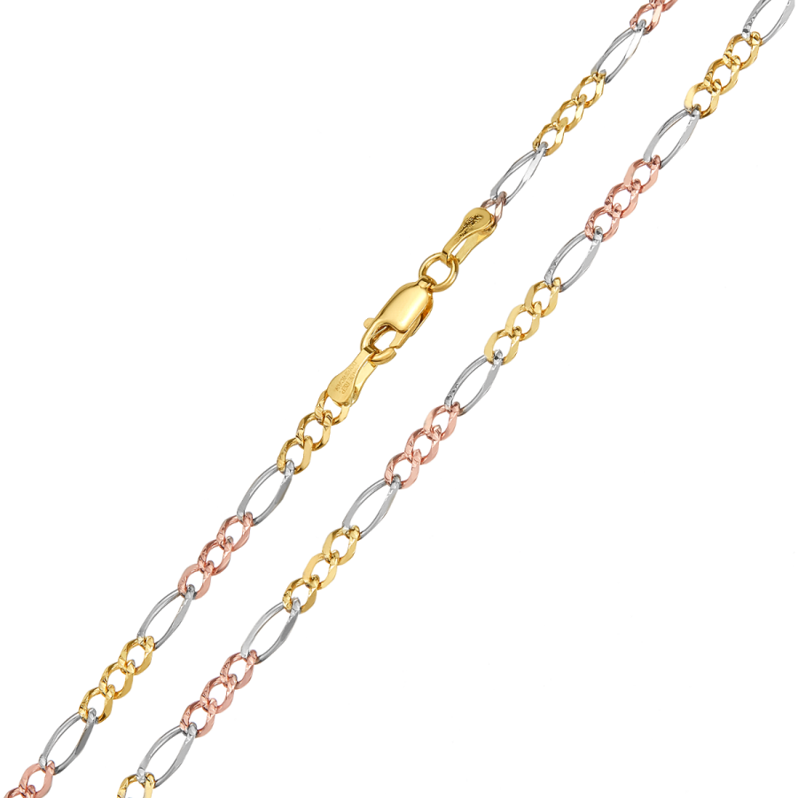 14K Gold Tri Colored 3.7mm Diamond Cut Figaro Chain