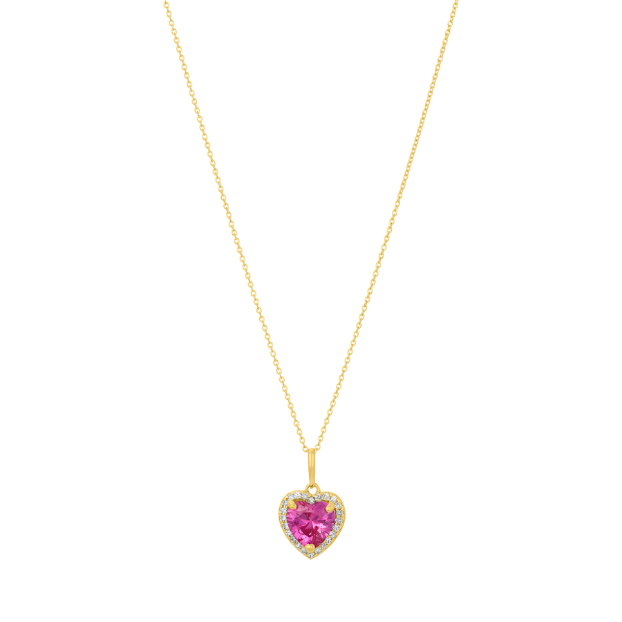 14K Yellow Gold Pink Sapphire Heart Diamond Halo Necklace