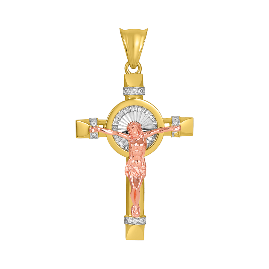 14K Tri Color Gold CZ Crucifix Pendant