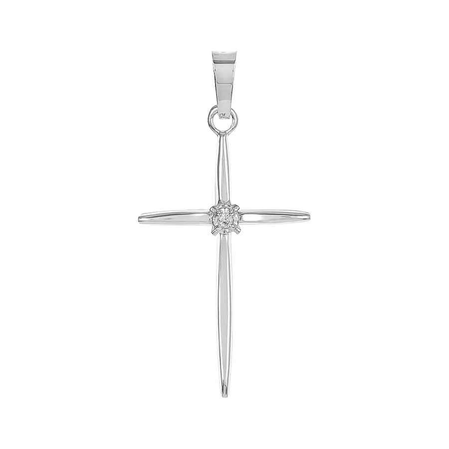 14K White Gold Cross with Diamond Pendant