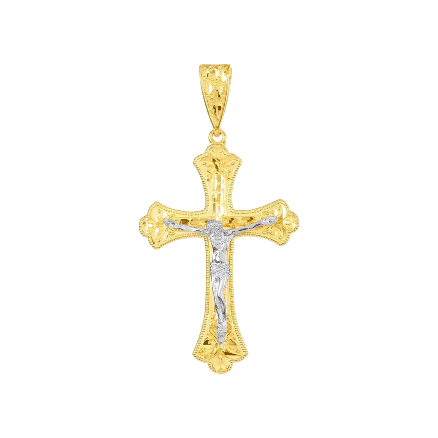 14K Gold Two Tone Diamond Cut Nugget Crucifix