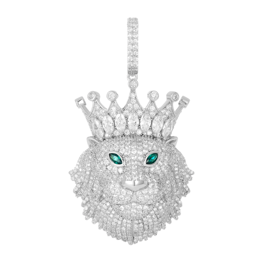 Silver CZ Lion with Crown Emerald Pendant