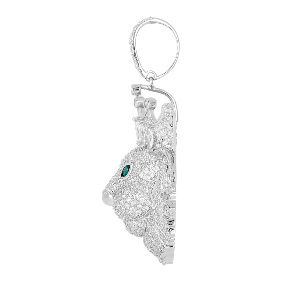 Silver CZ Lion with Crown Emerald Pendant