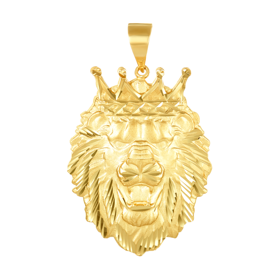 14K Yellow Gold Diamond Cut Lion and Crown Pendant