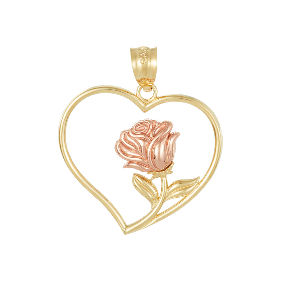 14K Gold Two Tone Rose Inside Heart Pendant