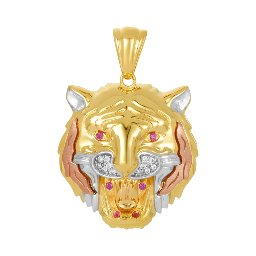 14K Tri Color Gold 32mm Tiger Pendant