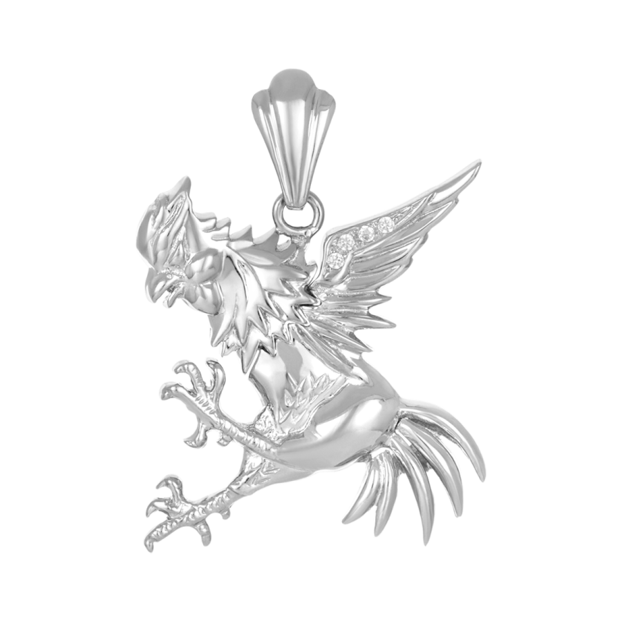 14K White Gold 27mm Rooster Charm Pendant
