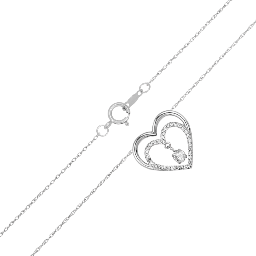 Rozzato Rhodium Plated Heart Pendant Necklace With Genuine Diamond – 18" Chain, Round Cut