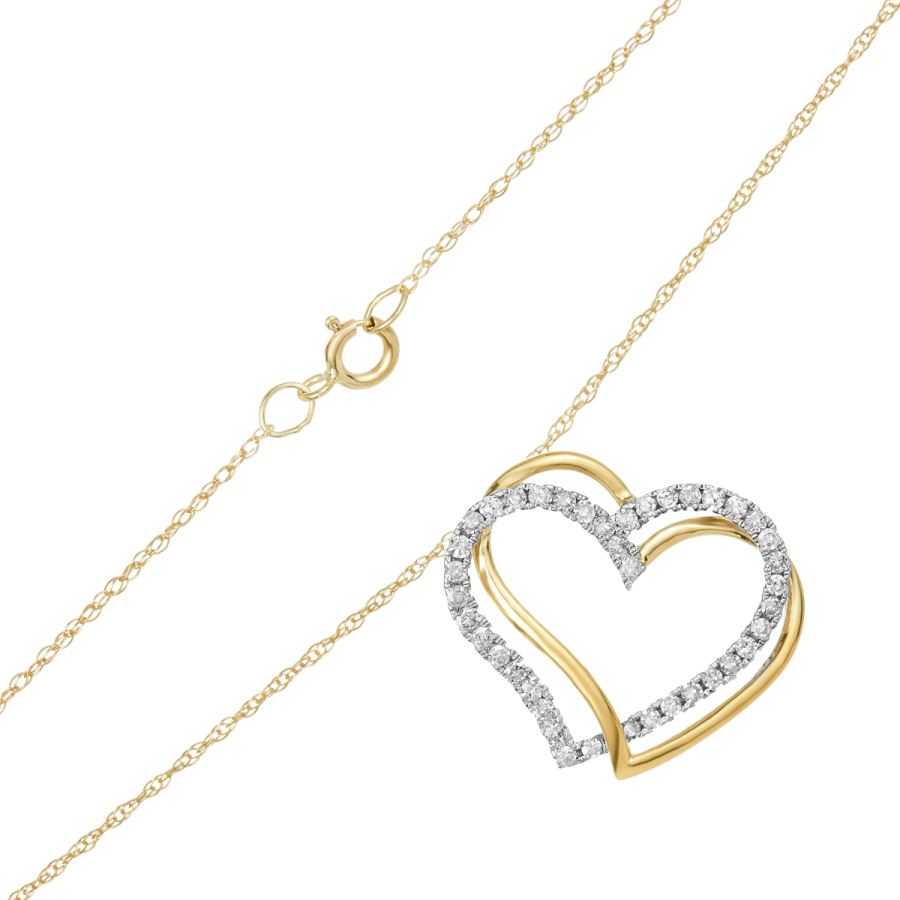 14K Gold Two Tone Double Heart Diamond Pendant Necklace