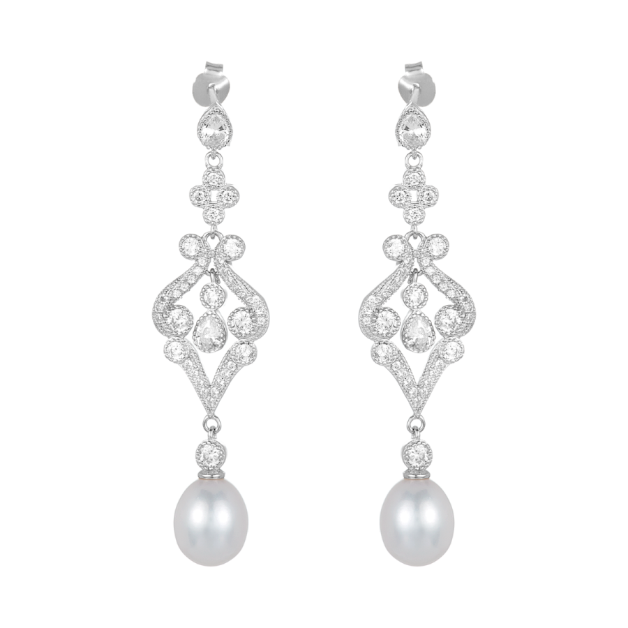 Silver Pearl Cubic Zirconia Fancy Drop Earrings
