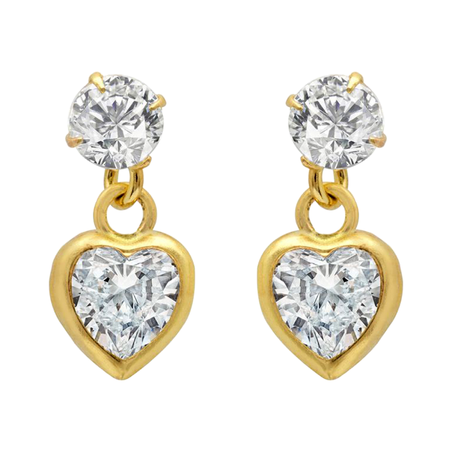 14K Yellow Gold Heart Cubic Zirconia Dangle Children's Earrings