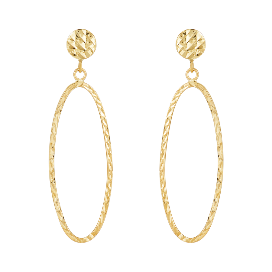 14K Yellow Gold Diamond Cut Oval Dangle Earrings