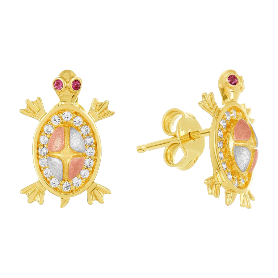 eRiNGo 0308 14K Gold Tri-Color Cubic Zirconia Turtle Earrings
