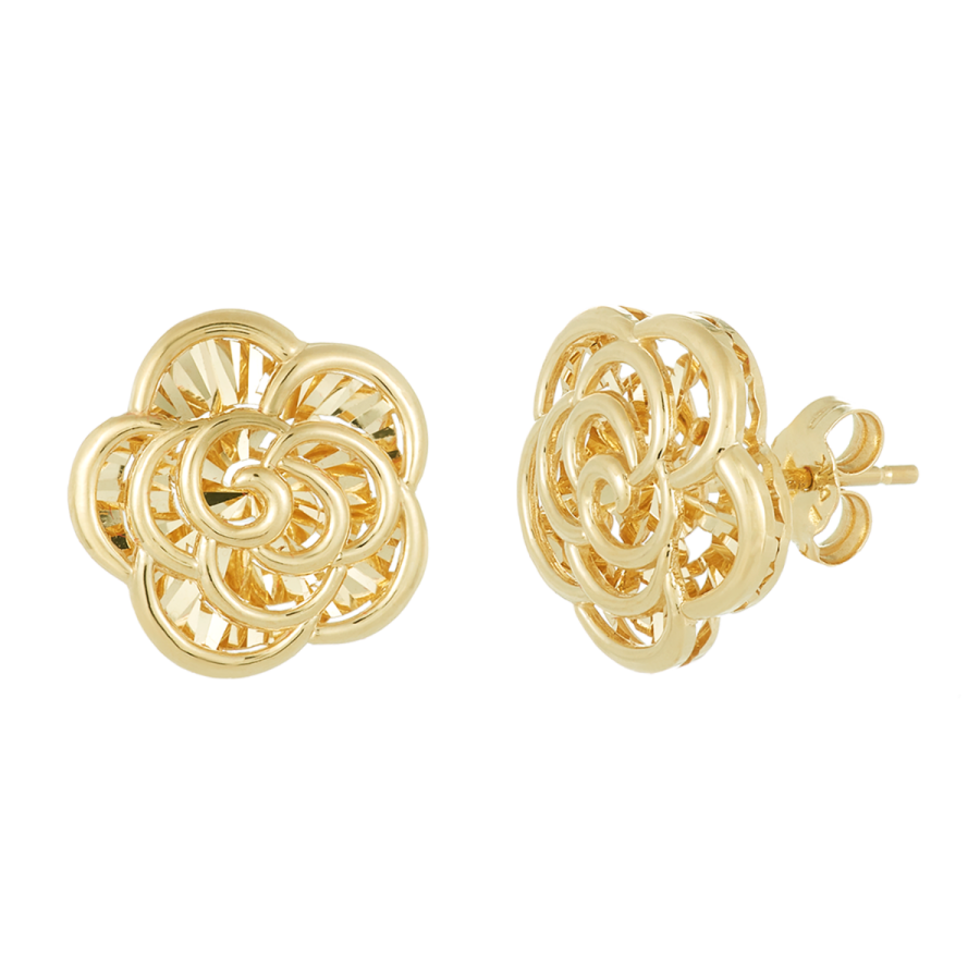 14K Yellow Gold Diamond Cut Rose Stud Earrings