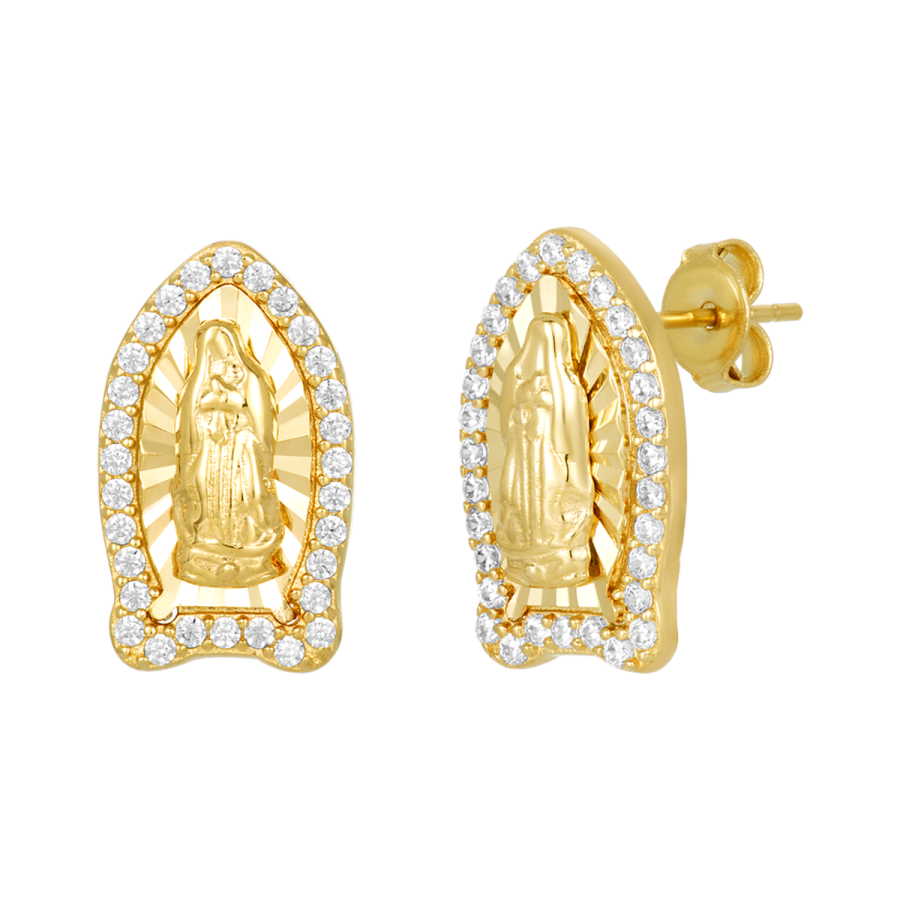 Women's Religious Stud Earrings 14K Yellow Gold Lady of