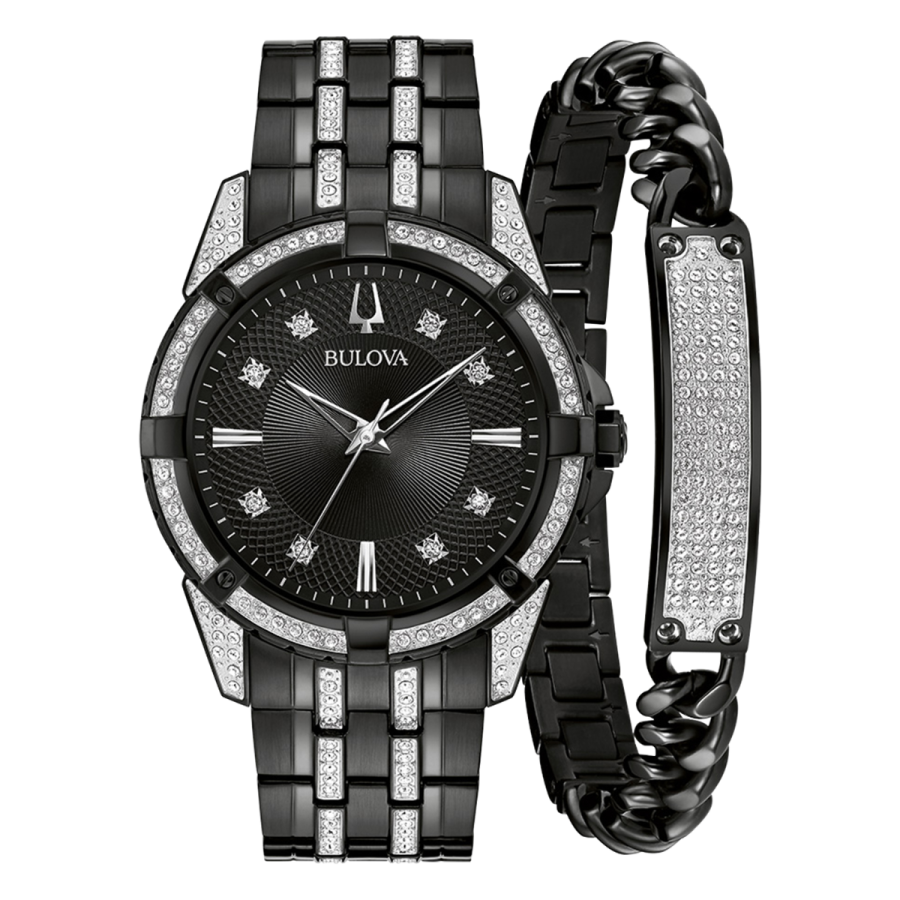 Bulova Crystal Black Watch and ID Bracelet Set - 98K109
