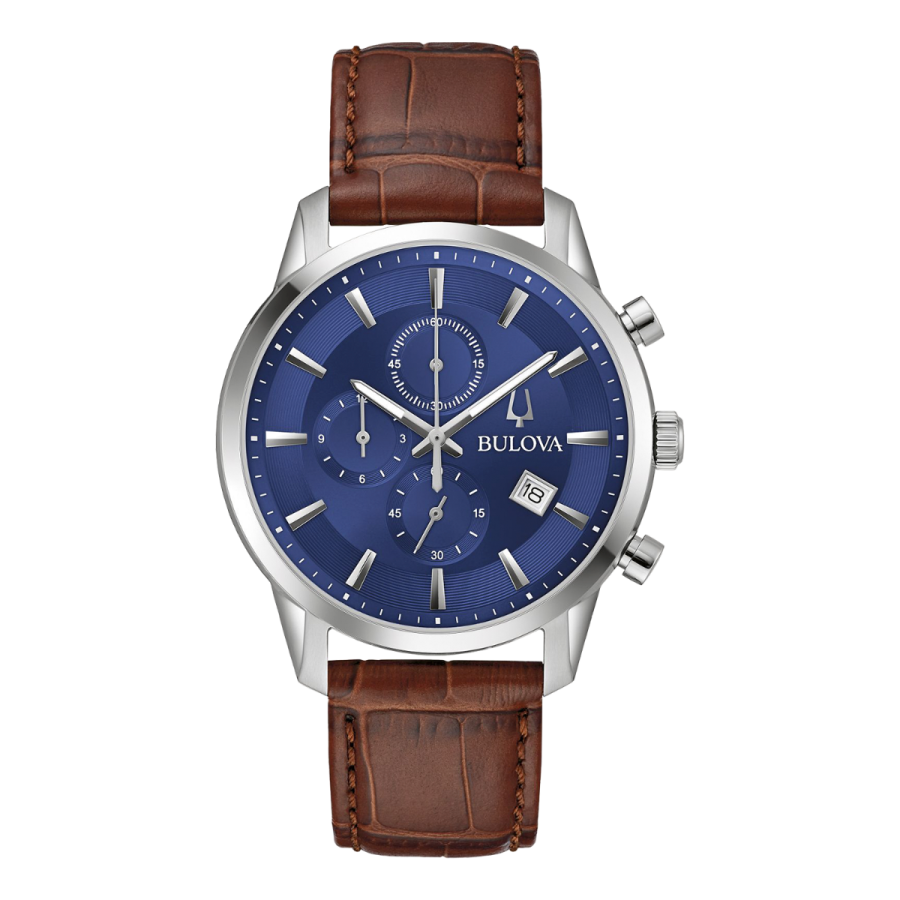 bulova brown leather blue dial men's watch