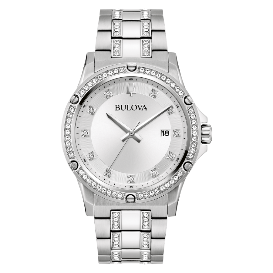 Bulova Crystal Watch and Pave Cuban Bracelet Box Set 96K114