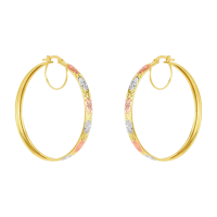 14K Gold Tri-Color 42mm Diamond Cut Star Pattern Hoop Earrings