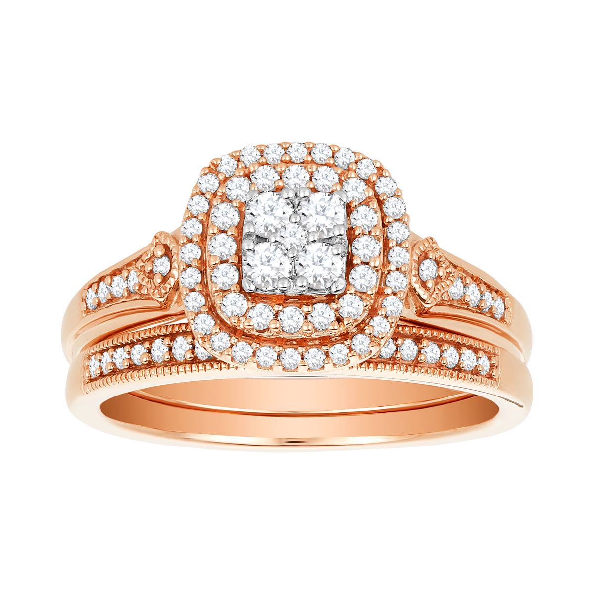 14K Rose Gold Cushion Double Halo Wedding Set