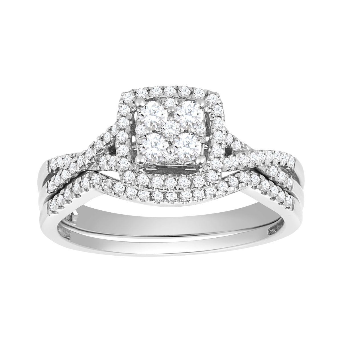 14K White Gold Cushion Shaped Halo with Twist Design Wedding Set