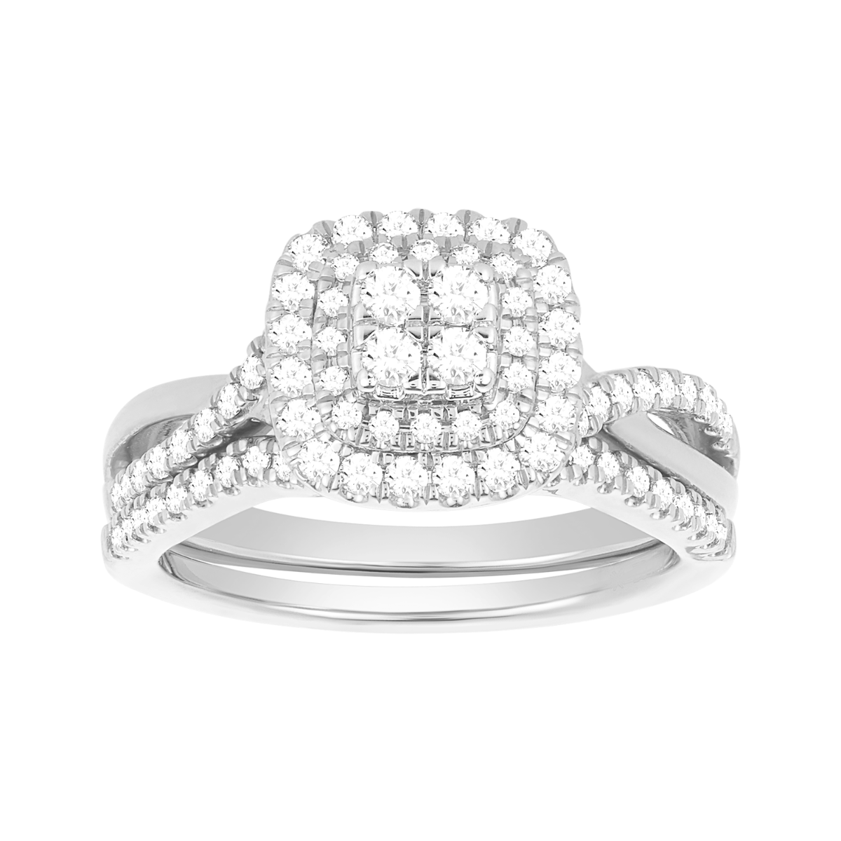 14K White Gold Quad Center with Double Halo Twist Wedding Set