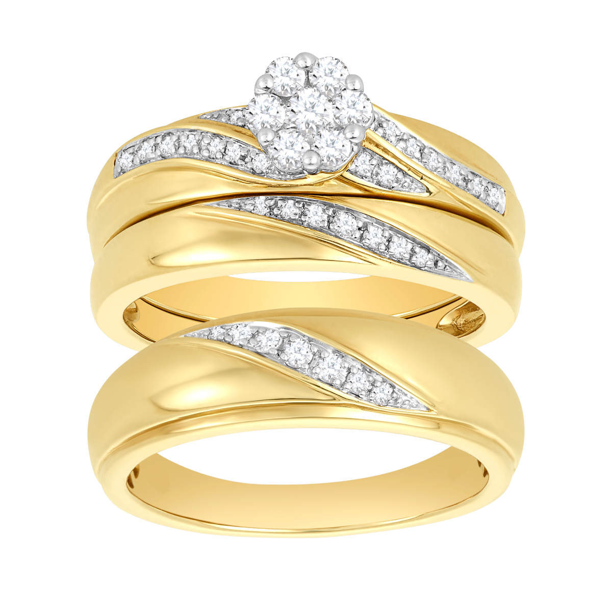 14K Two Tone Gold Flower Cluster Diamond Wedding Trio