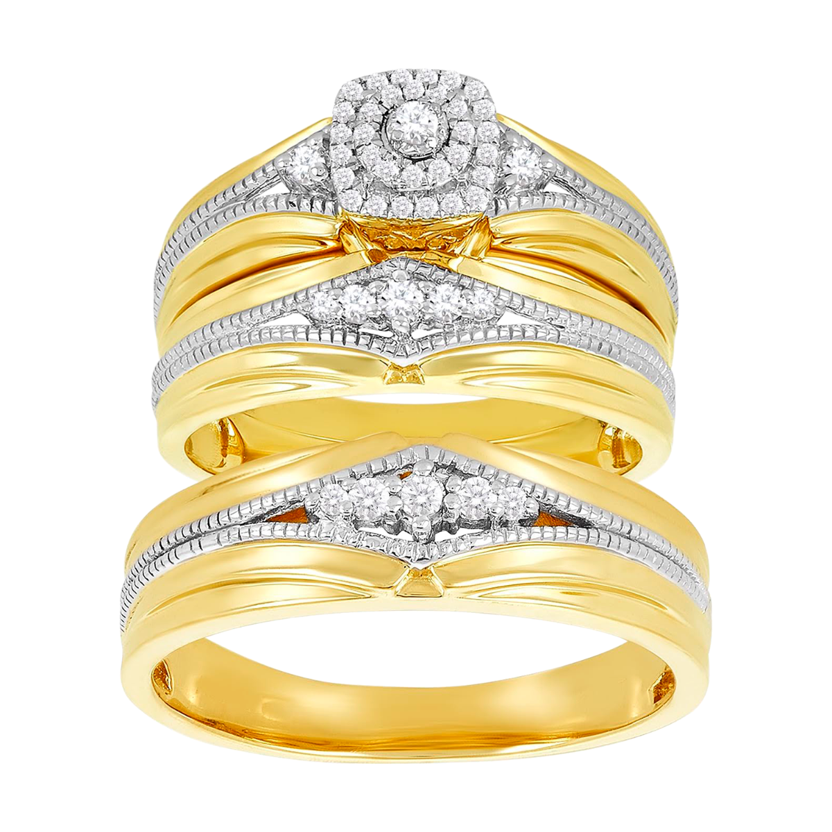 14K Two Tone Gold Cushion Milgrain Diamond Wedding Trio