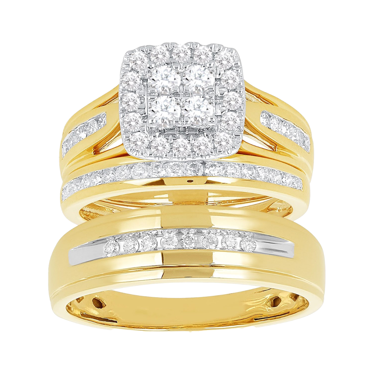 14K Yellow Gold Princess Halo Cluster 1 Ctw Diamond Wedding Trio