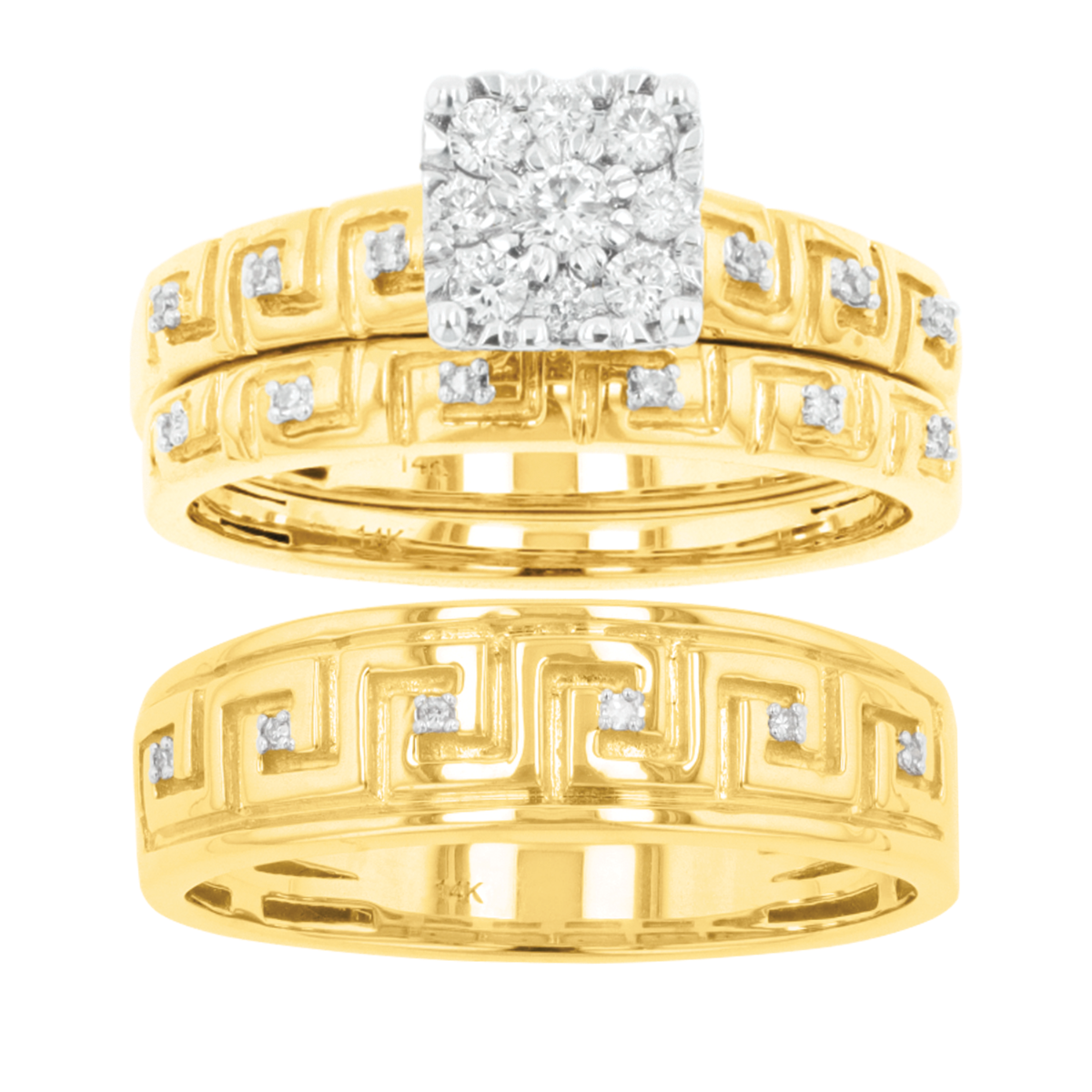 14K Yellow Gold Princess Head Greek Key Design Diamond Wedding Trio